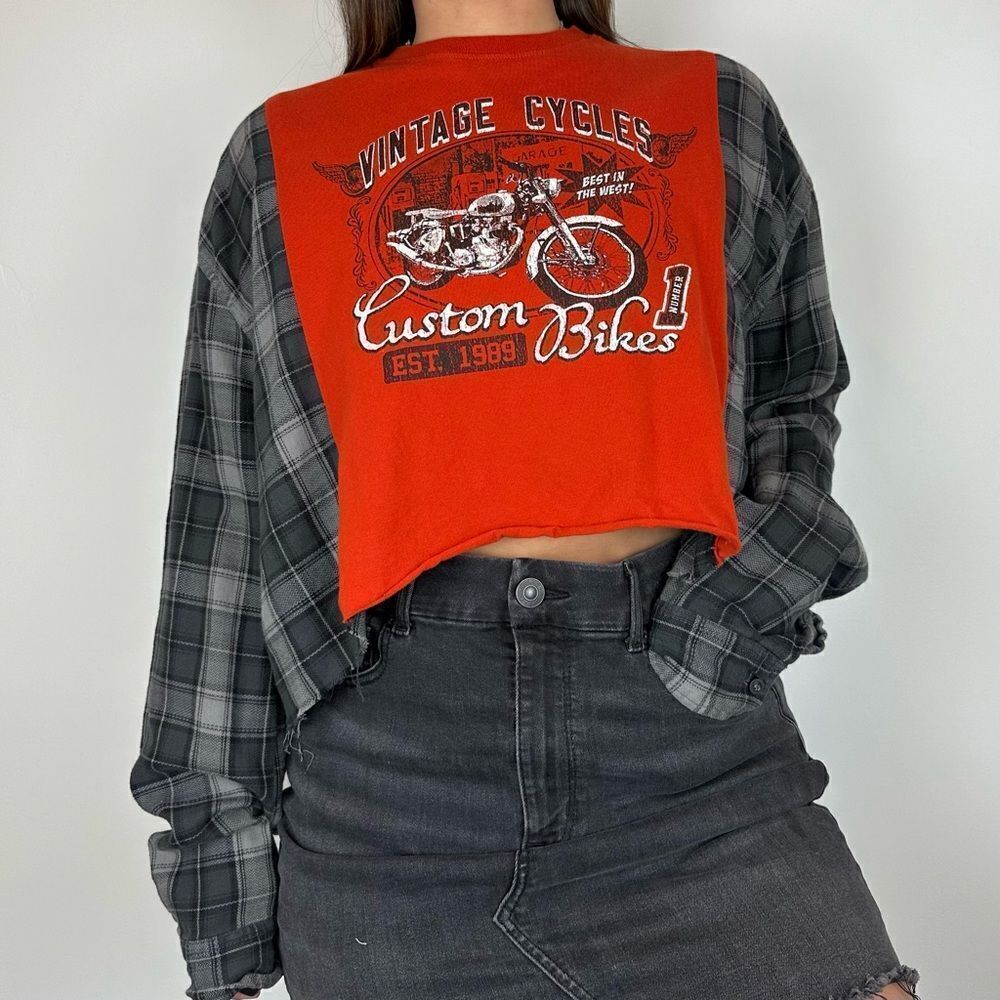 Reworked Upcycled Vintage Motorcycle Orange Long Sleeve Plaid Shirt Top
